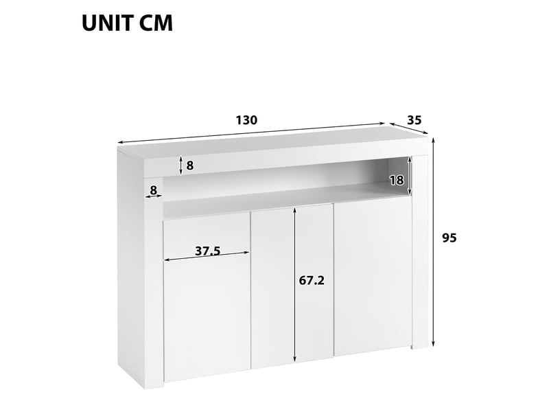 Buffet 130x35x95 cm 3 portes avec éclairage led panneau de particules blanc - Conforama E
