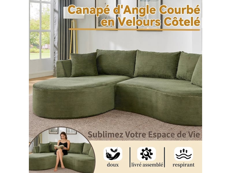 Canapé 3 places méridienne gauche design incurvé velours côtelé avec porte-gobelet vert - Conforama E