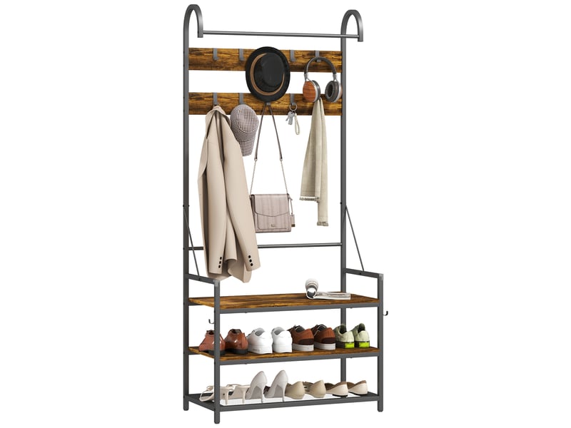  Portant d'entrée avec tringle, 10 crochets, banc et étagère à chaussures, bois et métal, 80 x 40 x 182 cm, marron et noir  - Conforama A