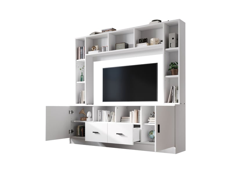 Meuble tv mural 180 x 35 x 170 cm – blanc – 2 placards, 2 tiroirs et 11 niches de rangement pratiques - Conforama A