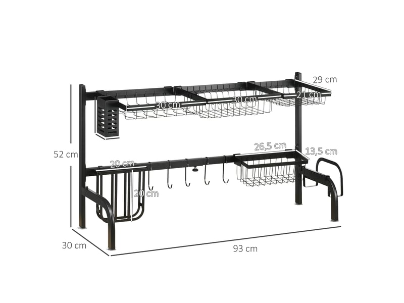  Égouttoir à vaisselle, longueur réglable de 51 à 93 cm, nombreux éléments, agencement flexible, 93 x 30 x 52 cm, noir  - Conforama E