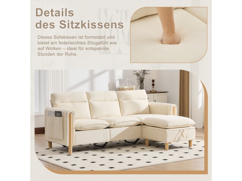 Canapé d'angle, canapé 3 places, en chenille, beige, poches latérales, adapté à l'espace de vie, avec pouf - Conforama A