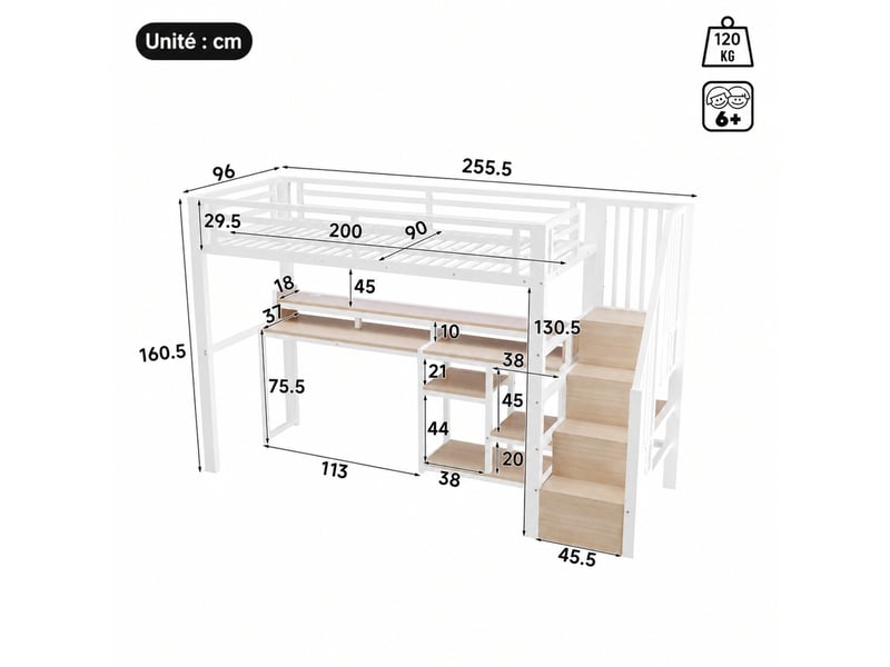  Lit mezzanine 200x90 cm en métal et mdf, lit simple avec armoire échelle, usb, type-c et led, sans matelas, blanc  - Conforama D