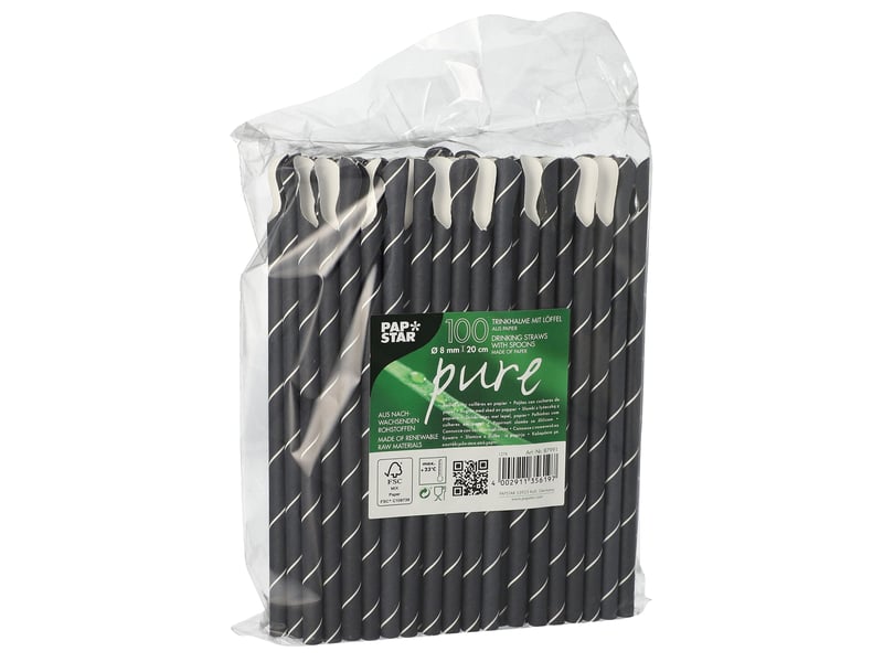  Papstar lot de 100 pailles en papier avec cuillère, diamètre 8 mm, 20 cm, noirblanc 87991  - Conforama A