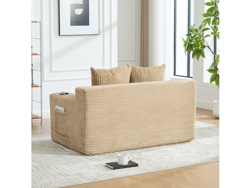  Canapé-lit 2 places 133 x 87 cm – kaki – convertible, poche latérale, porte-gobelet et deux coussins  - Conforama D