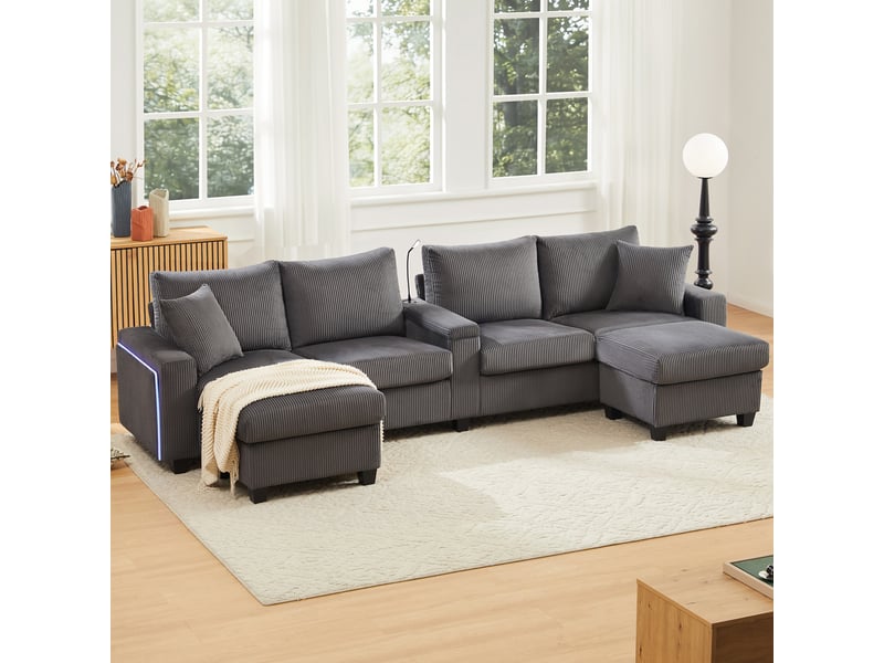  Canapé modulable canapé d'angle 4 places en velours côtelé avec 2 poufs de rangement lampe de lecture ports usb - gris  - Conforama C