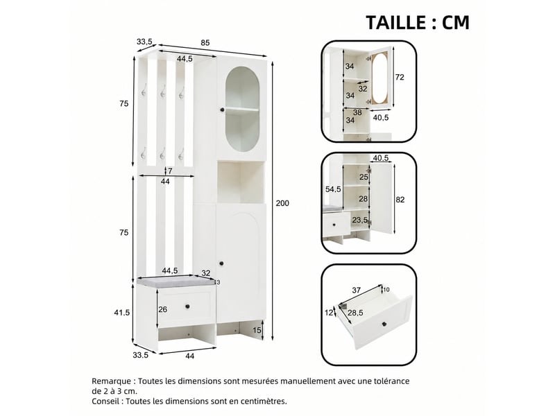  Vestiaire d'entrée avec banc à chaussures, 2 placards, 6 patères, 85 x 33,5 x 200 cm, blanc  - Conforama E