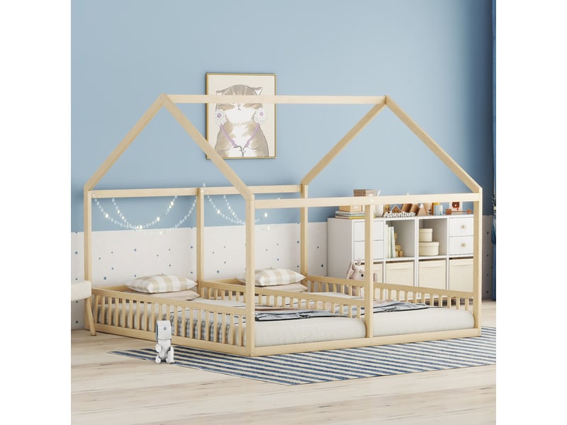  Modenvie lit cabane double 2 x 90x200 cm - avec barrières et structure en pin - pour chambre d'enfant - naturel  - Conforama E