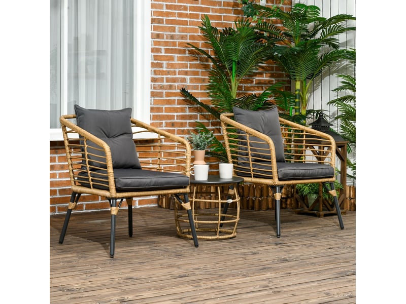  Salon de jardin 3 pièces, fauteuils 62x65x78 cm, acier et rotin pe sable gris foncé, avec coussins  - Conforama B