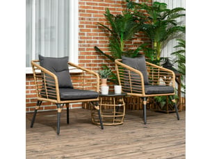 Salon de jardin 3 pièces, fauteuils 62x65x78 cm, acier et rotin pe sable gris foncé, avec coussins