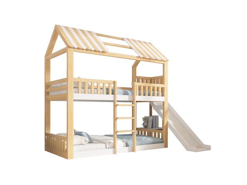  Lit superposé enfant 90x200 cm – blanc et naturel – toit pignon, toboggan 35 cm et étagère – sans matelas  - Conforama A