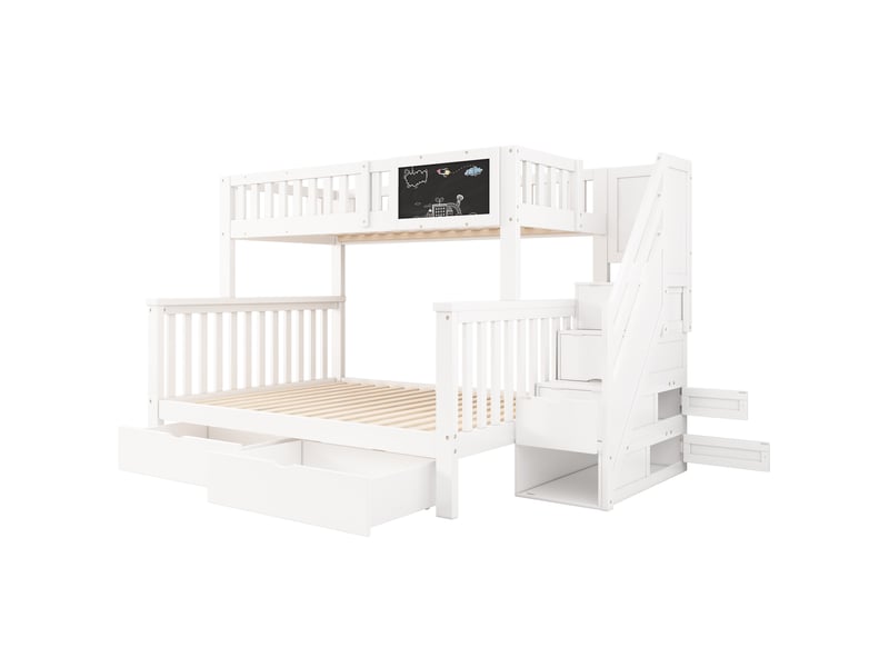  Lit superposé enfant double multifonction avec tableau et tiroirs bois massif blanc 90x200 et 140x200  - Conforama A