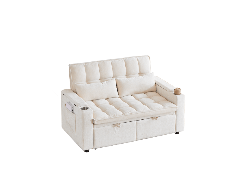  Canapé convertible 3 en 1 142 x 89 x 89 cm beige en chenille, rangements, poches et porte-gobelets  - Conforama D