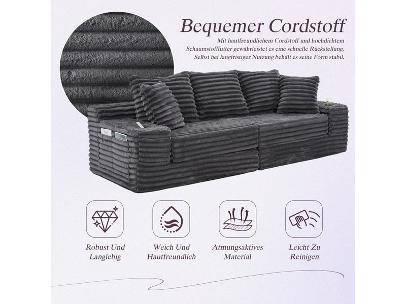 Canapé modulable convertible gris anthracite tissu côtelé haut dossier poches latérales porte-gobelets - Conforama D