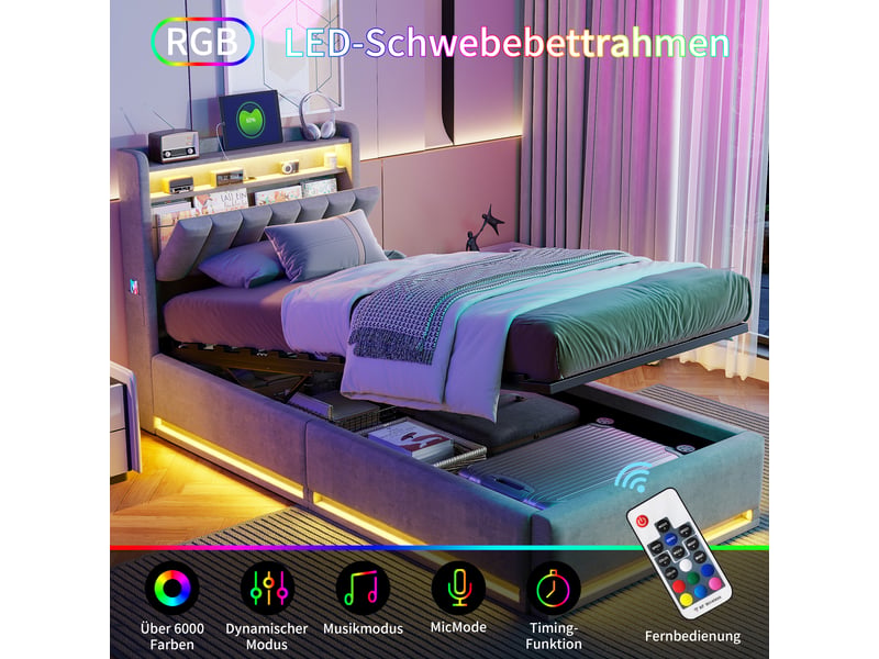  Lit coffre 90 x 200 avec sommier led et usb, lit simple rembourré avec hydraulique rangement e tete de lit, lit 1 personne pour adultes et ado  - Conforama D