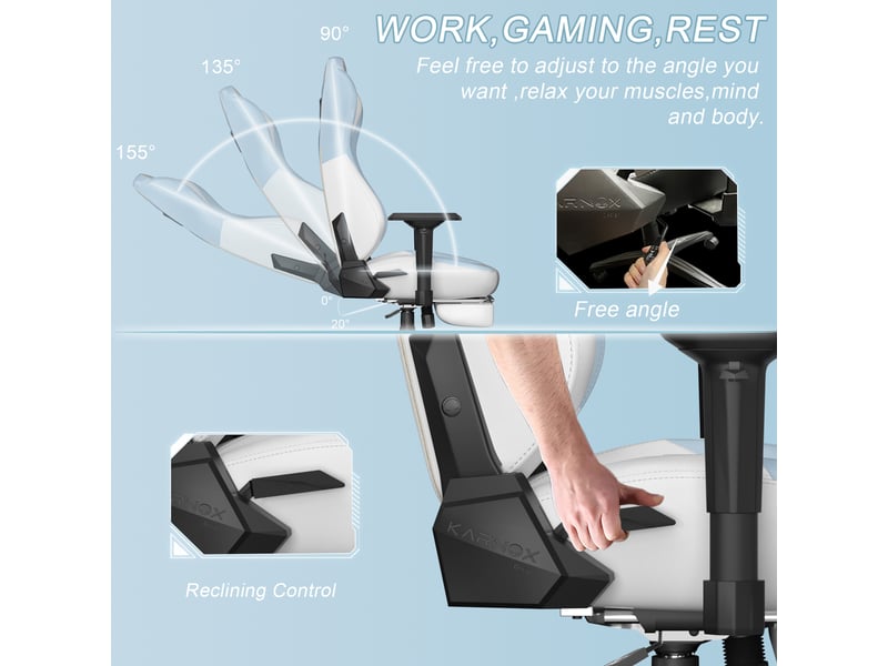 Chaise gamer ergonomique avec repose-pieds et dossier inclinable 60x53x132cm en cuir PU, Blanc et Bleu - Conforama R