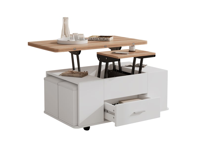Table basse relevable 100x50 cm avec 4 tabourets, tiroir et roulettes blanc naturel - Conforama A