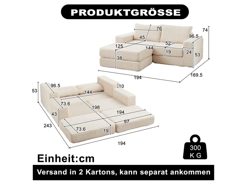  Canapé convertible modulable 2 en 1 en velours côtelé, pouf amovible et utilisable séparément, accoudoirs carrés classiques, 2 coussins inclus beige  - Conforama D