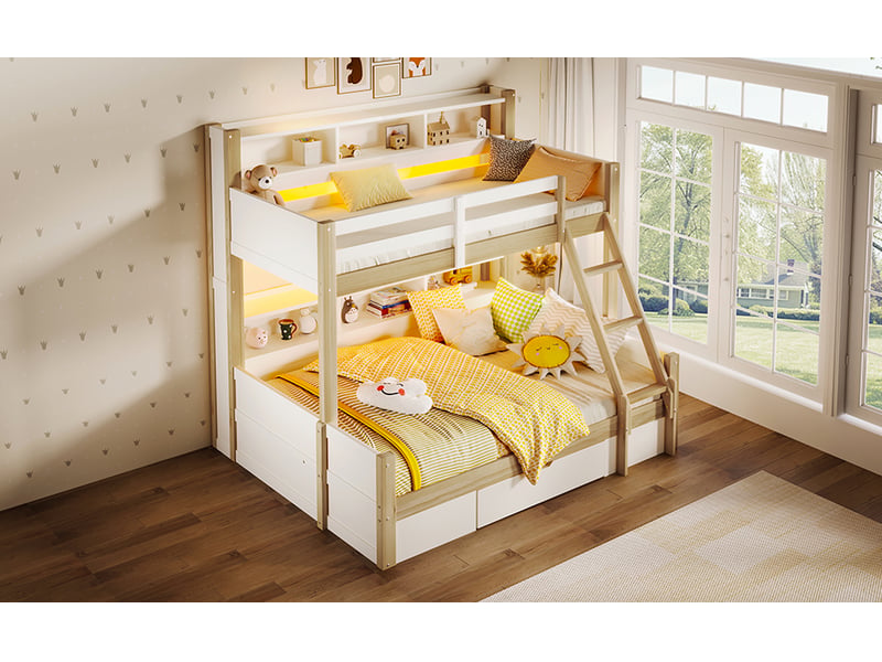  Lit superposé 90 × 200 et 140 × 200 cm, tiroirs, éclairage led, barrières latérales, blanc et naturel  - Conforama B