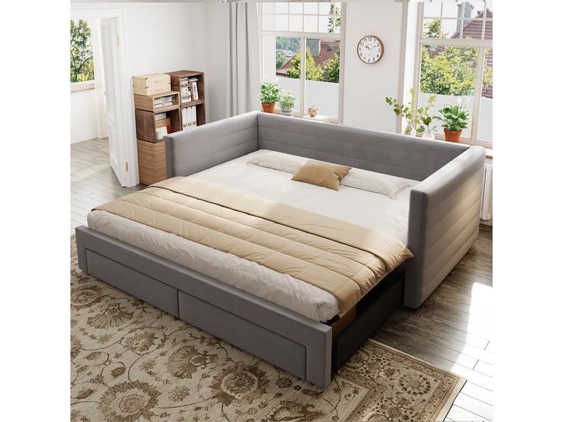 Canapé-lit convertible 3-en-1 90/180x190 cm avec 2 tiroirs, tissu coton-lin gris, sans matelas - Conforama R