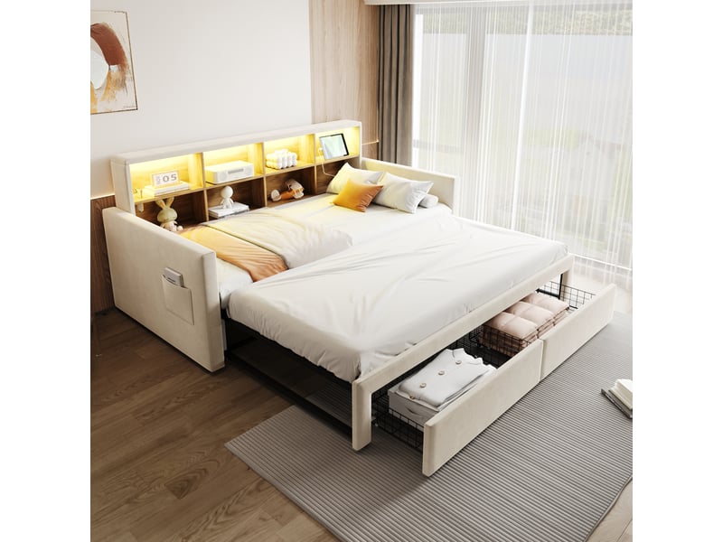  Lit canapé capitonné 90180 x190cm, led et rangements, velours beige, avec tiroirs et sommier à lattes  - Conforama E