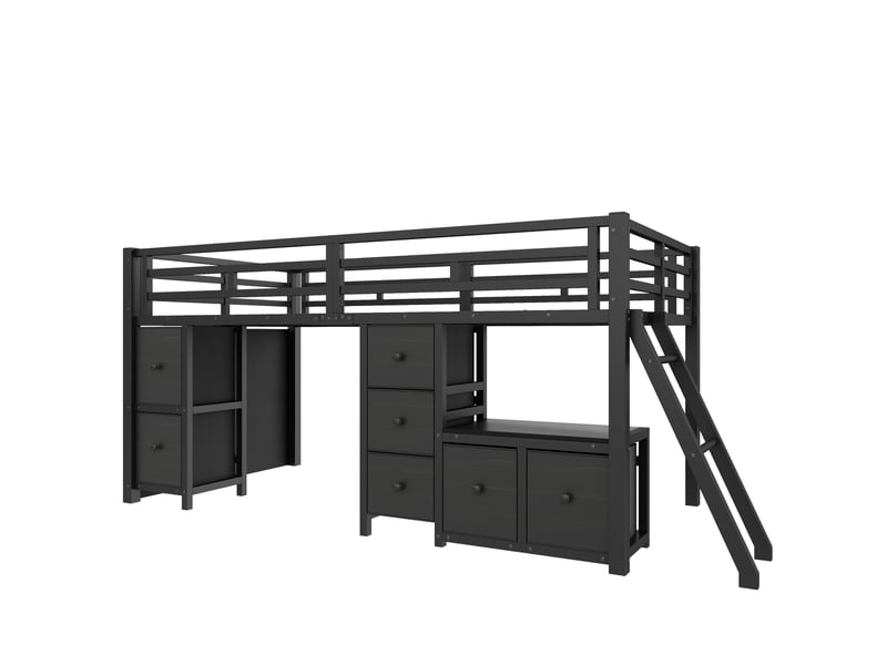 Lit mezzanine bas 90x200 cm noir, avec 7 tiroirs, rangements, led 7 couleurs, structure métal, sommier inclus, sans matelas - Conforama D