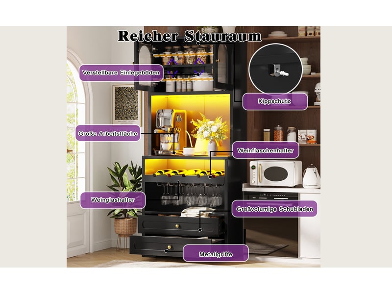  Vaisselier haut 140x40x180 cm – noir – led connectée, rangement à vin, étagères réglables et usb  - Conforama E