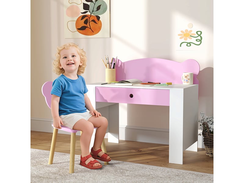  Ensemble bureau enfant, table et chaise en forme d'ours, avec tiroir, pour écrire et bricoler, 3-8 ans, rose  - Conforama B