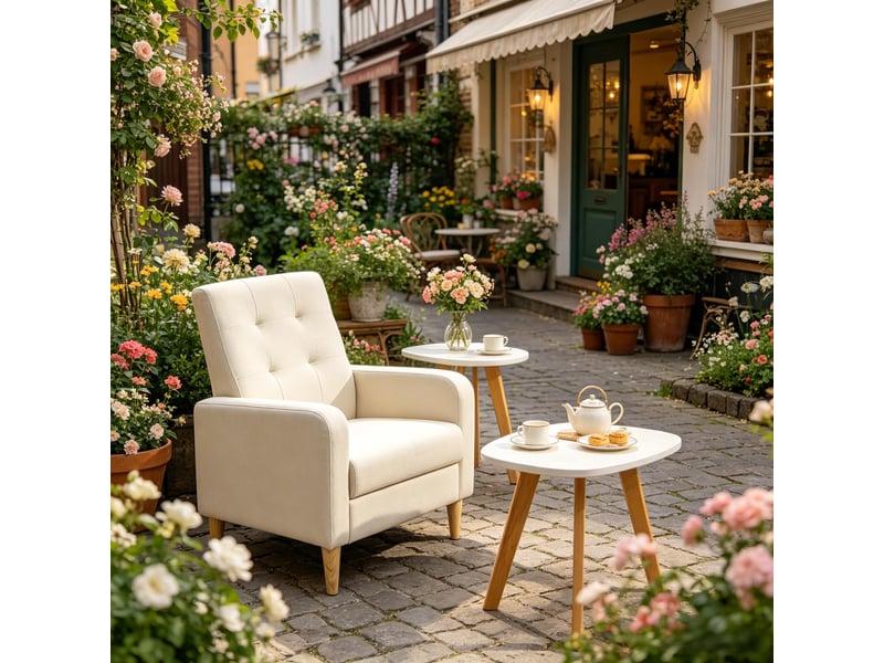 Fauteuil de lecture à dossier haut ergonomique et accoudoirs, en lin et bois massif beige, 68 × 90,5 × 73,5 cm - Conforama C