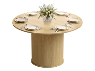 Table à manger ronde pour 4-6 personnes, ø 120 x 75 cm, table de cuisine avec base cylindrique cannelée, bois naturel