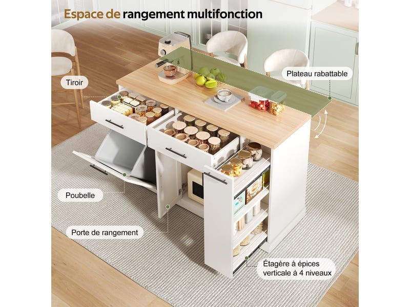  Îlot de cuisine 120x45-70x93 cm avec plateau rabattable, 2 tiroirs, étagère à épices 4 niveaux, rangement, mdf blanc  - Conforama D