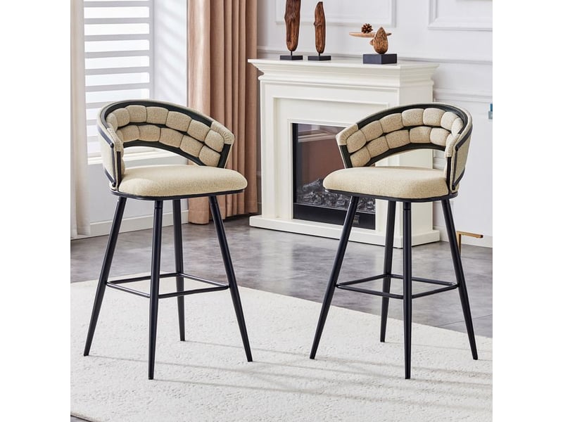  Tabouret de bar moderne - velours beige - pieds en fer noir - dossier tressé - repose-pieds intégré - confort durable 56x50.5x98.5cm - Conforama C