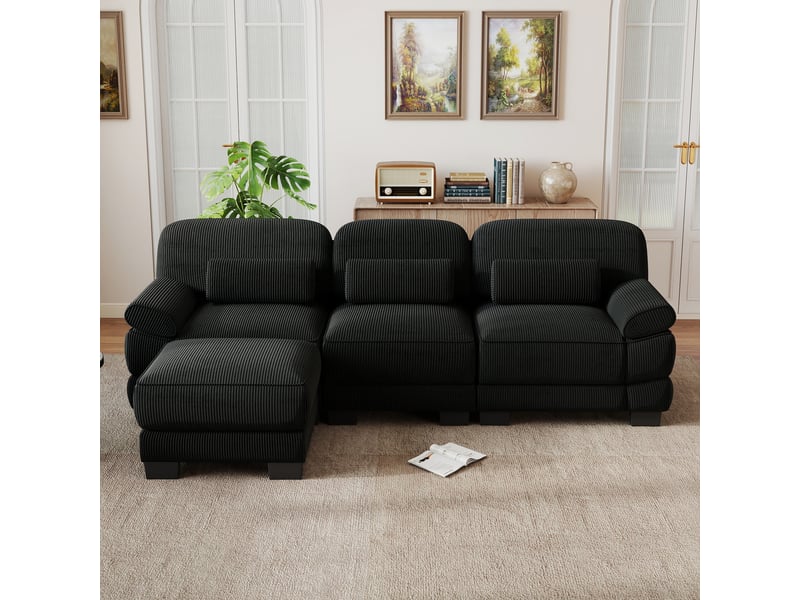  Canapé d'angle 3 places en l avec 1 pouf, coussin lombaire épais, assise profonde, tissu confortable, noir, pour salon  - Conforama D