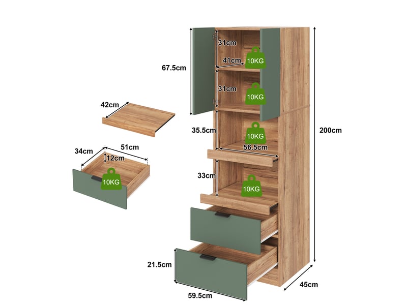  Buffet haut de cuisine 59,5 x 45 x 200 cm vert en mdf, 2 tiroirs et niches ouvertes pratiques  - Conforama C
