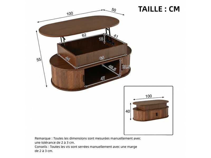  Table basse relevable ovale avec rangement, mdf aspect noyer, 100 x 50 cm, hauteur 40 à 55 cm  - Conforama C