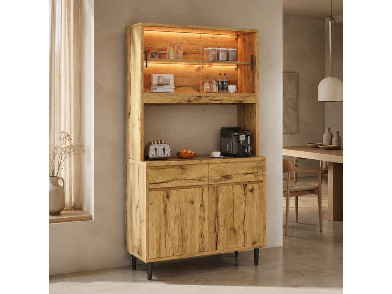 Buffet haut avec portes vitrées, led et prises usb, style scandinave pour salle à manger, chêne, 100 × 40 × 185 cm  - Conforama C