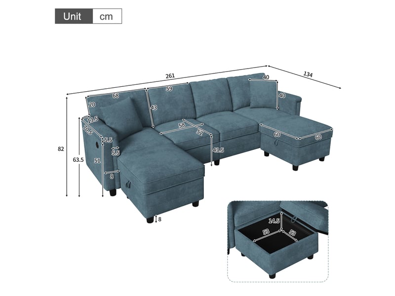 Canapé modulaire modenvie 4 places configurable en l ou u avec 2 poufs coffre, usb et type-c, chenille bleue, 261 x 134 x 82 cm - Conforama C