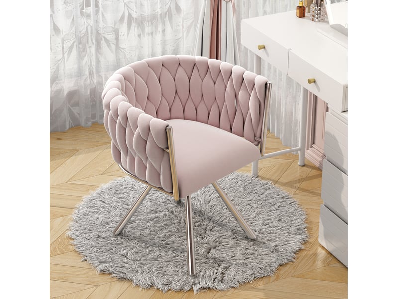  Chaise maquillage velours 360° 59x54x72 cm ergonomique dossier incurvé rembourrage dense quatre pieds métal rose  - Conforama W