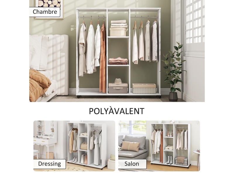  Armoire penderie ouverte mobile 2 tringles 3 étagères blanc 120 x 40 x 128 cm  - Conforama E