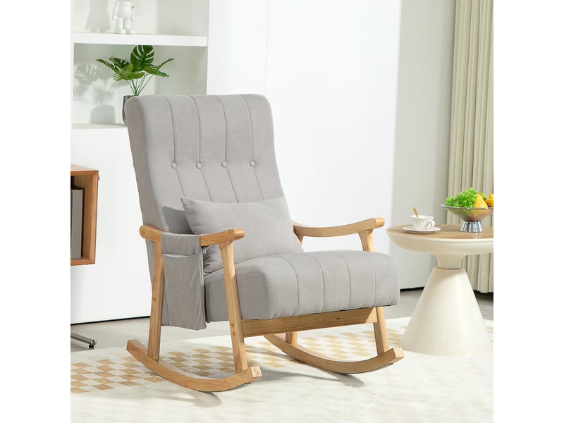  Fauteuil à bascule gris rembourré avec coussin lombaire et poches latérales, cadre en bois, 90x65x98 cm  - Conforama B