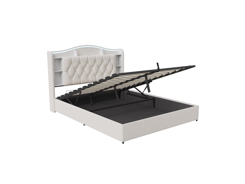 Lit coffre double 160x190 cm avec led rgb, tête de lit étagère et prise usb type-c chargeur, structure solide en velours capitonnée, beige - Conforama A