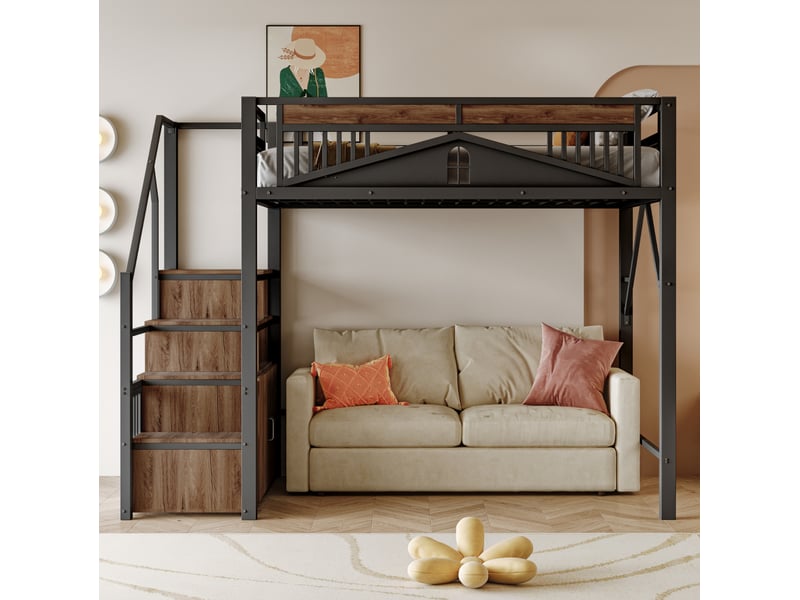  Lit mezzanine tcqpz 140 x 200 cm noir en métal et bois avec escalier de rangement  - Conforama D