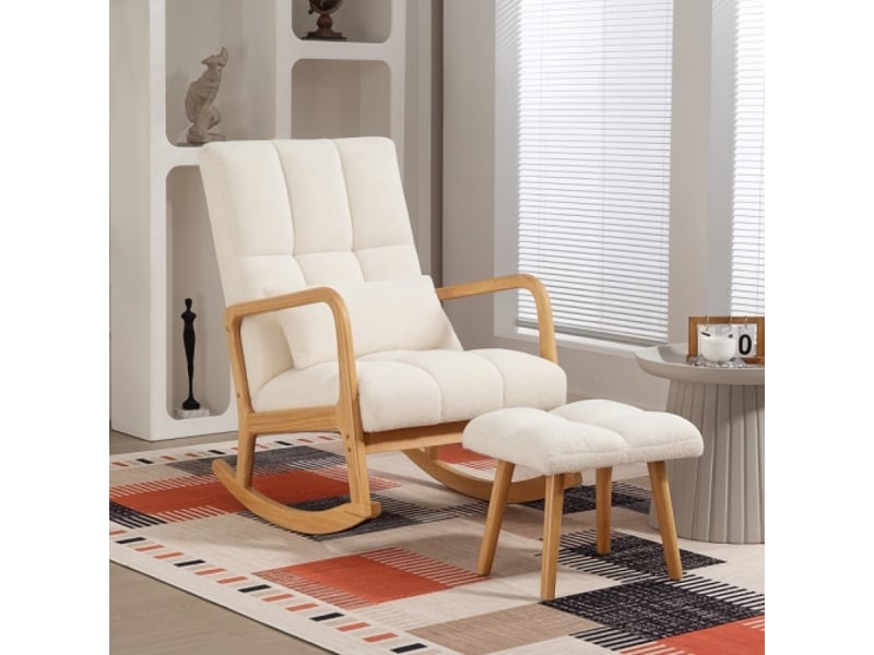  Fauteuil à bascule avec tabouret polaire, accoudoirs et dossier haut - piètement bois pivotant rembourré,idéal salonchambre -  - Conforama B