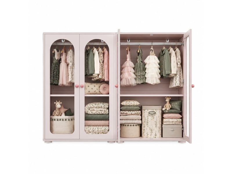  Lot de 2 armoires enfant 2 portes 160x50x120 cm mdf rose bébé avec tringle, portes transparentes et poignées en céramique  - Conforama A