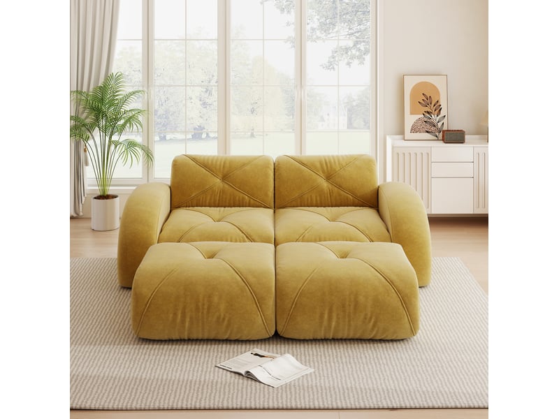 Canapé modulable 2 places 204x171x76 cm, sans cadre, sans montage, 2 poufs, revêtement en chenille, jaune - Conforama E