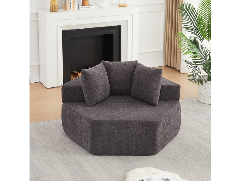 Fauteuil modulaire hexagonal 1 place avec 3 coussins et dessous antidérapant en chenille bouclette grise - Conforama D