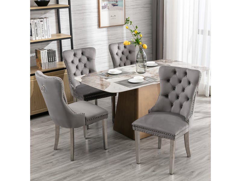  Lot de 2 chaises de salle à manger en velours gris, dossier haut capitonné, clous décoratifs, pieds finition chrome, structure en bois massif  - Conforama C