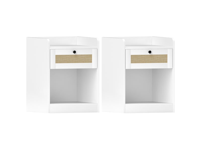  Ensemble de 2 tables de chevet avec tiroir et façade en rotin, 40 x 40 x 53 cm, blanches  - Conforama A