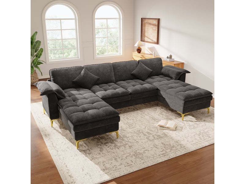  Canapé d'angle panoramique fixe 4 places tissu gris  - Conforama E