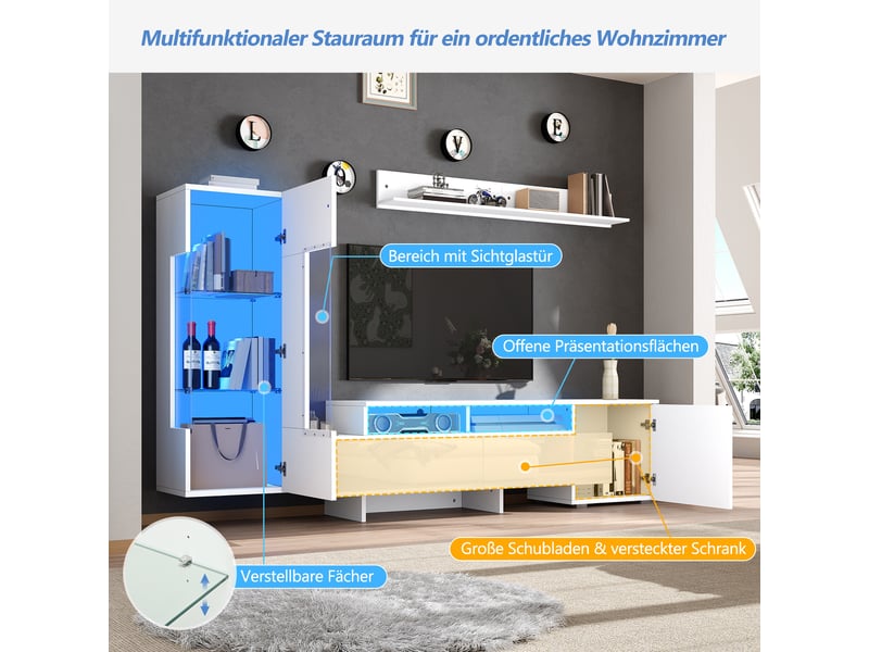  Ensemble meuble tv mural - ensemble 3 pièces - blanc brillant - led - 170x35x45 cm  - Conforama D